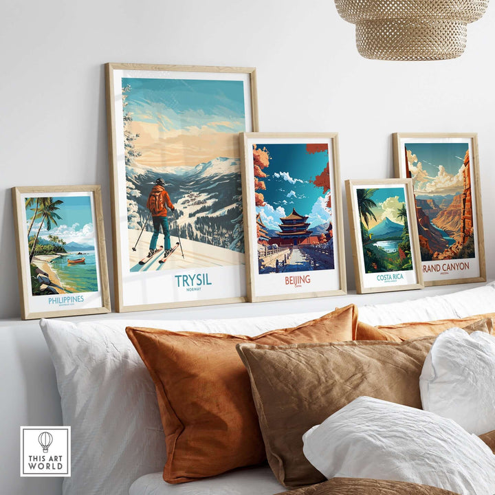 Trysil Ski Wall Art poster among travel-themed artwork, showcasing adventure and nature in a stylish home setting.