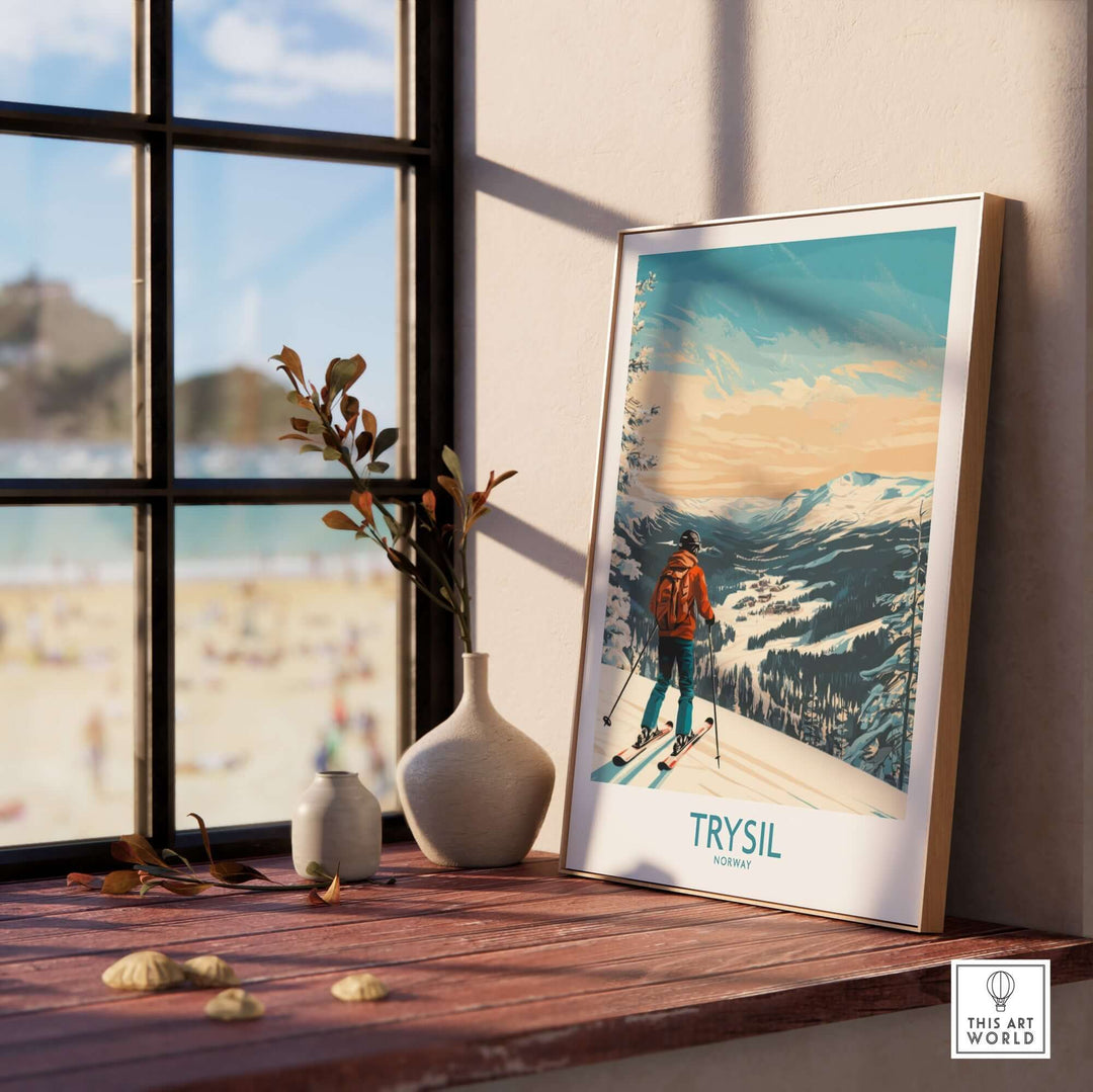 Trysil ski wall art poster displayed in a cozy room, showcasing a scenic winter landscape with a skier.