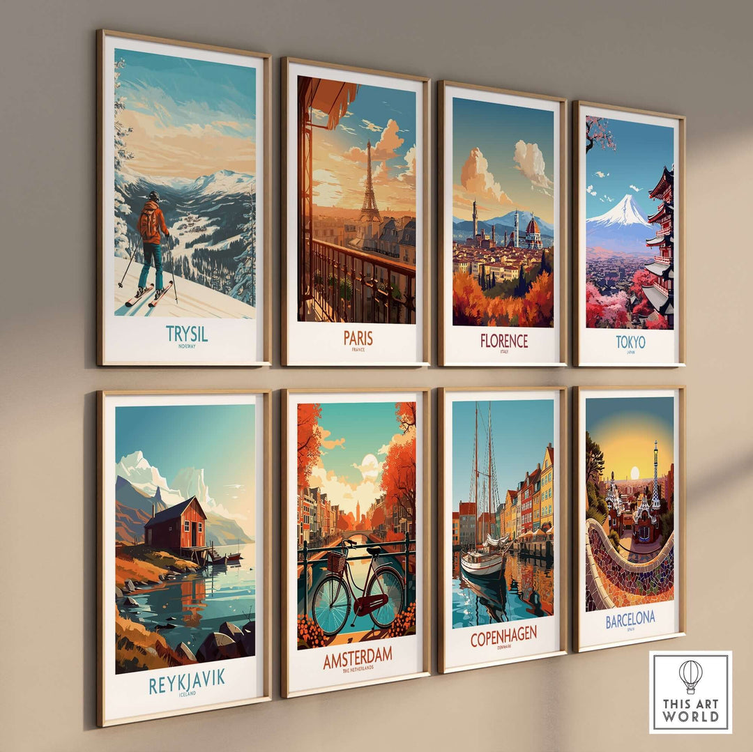 Collection of vintage travel posters featuring Trysil, Paris, Florence, Tokyo, Reykjavik, Amsterdam, Copenhagen, and Barcelona.