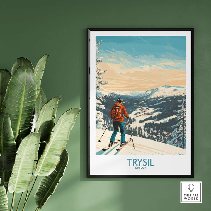 Trysil Ski Wall Art poster featuring a skier on a snowy mountain landscape, perfect for winter decor enthusiasts.