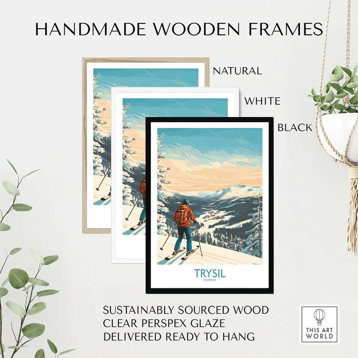 Trysil Ski Wall Art in handmade wooden frames, showcasing natural, white, and black options for stylish decor.