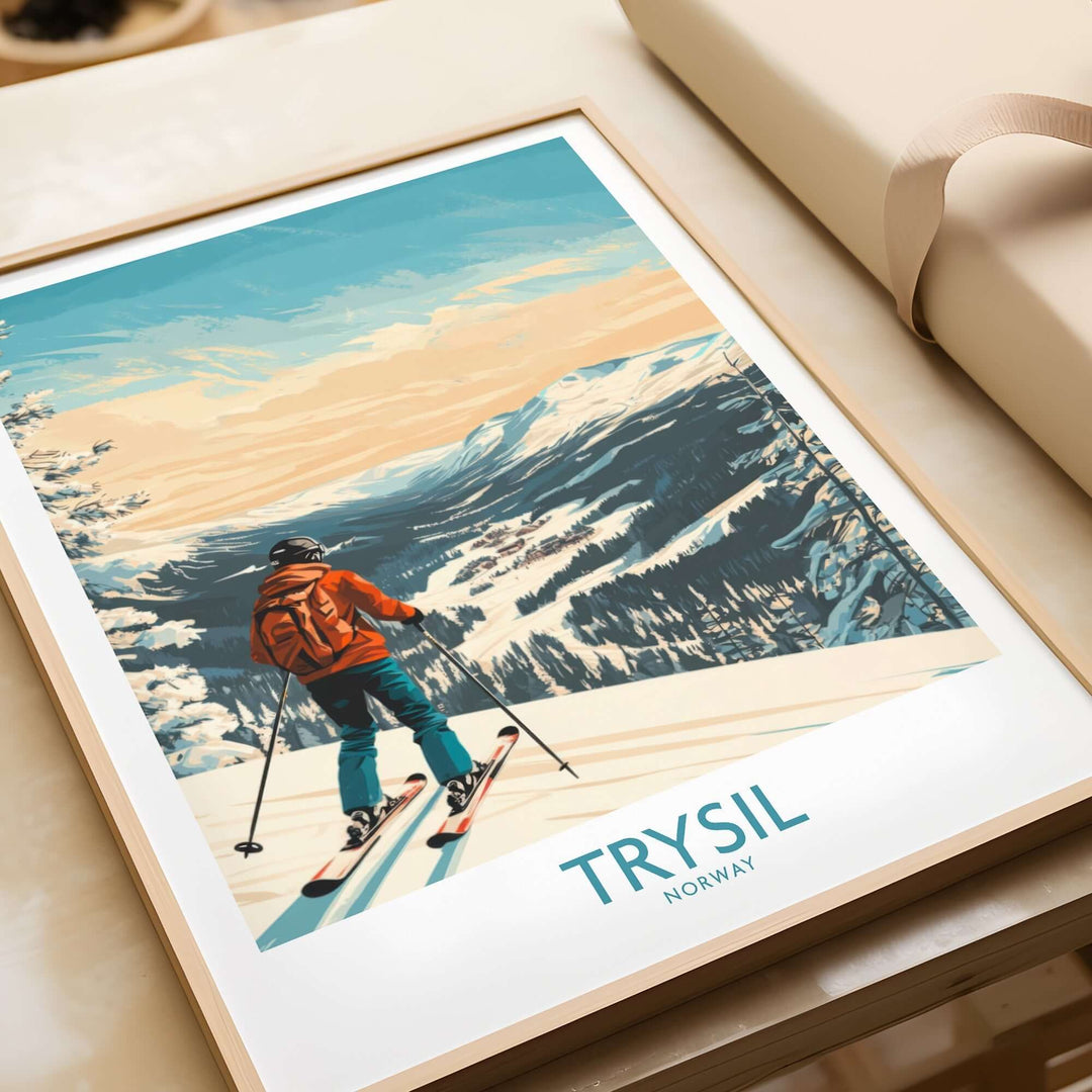 Trysil Ski Wall Art poster featuring a skier overlooking a snowy landscape in Norway, perfect for outdoor and ski enthusiasts.