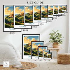 Size guide for Tuscany Italy print showcasing various frame sizes in a stylish living room setting.