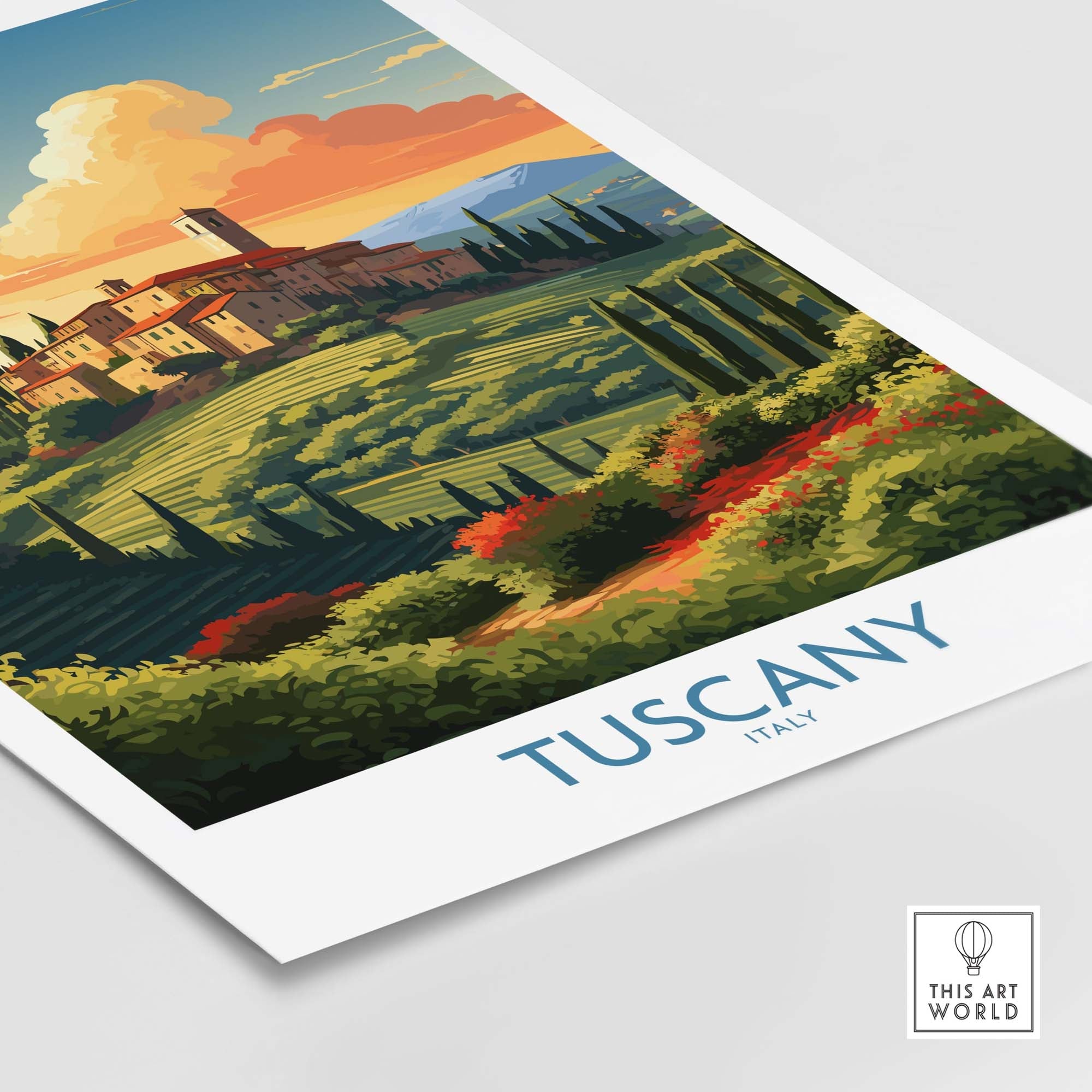 Tuscany Italy print featuring rolling hills, a charming village, and vibrant colors capturing Italian beauty.