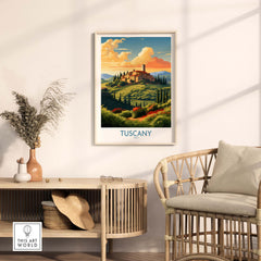 Stunning Tuscany Italy print hanging in a stylish room, capturing the beauty of the Italian landscape and vibrant colors.
