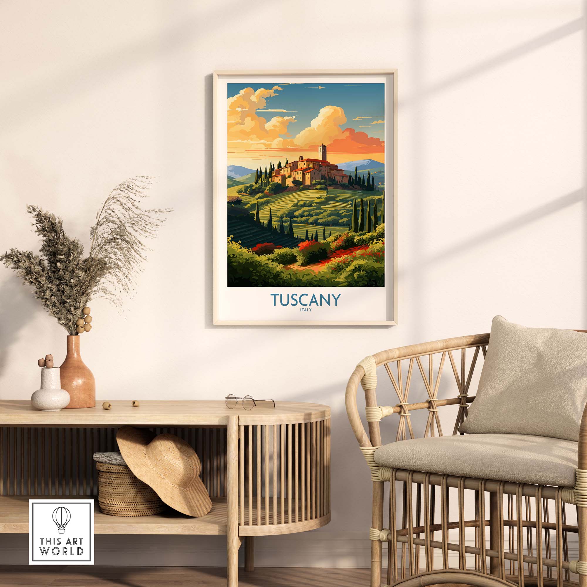 Stunning Tuscany Italy print hanging in a stylish room, capturing the beauty of the Italian landscape and vibrant colors.