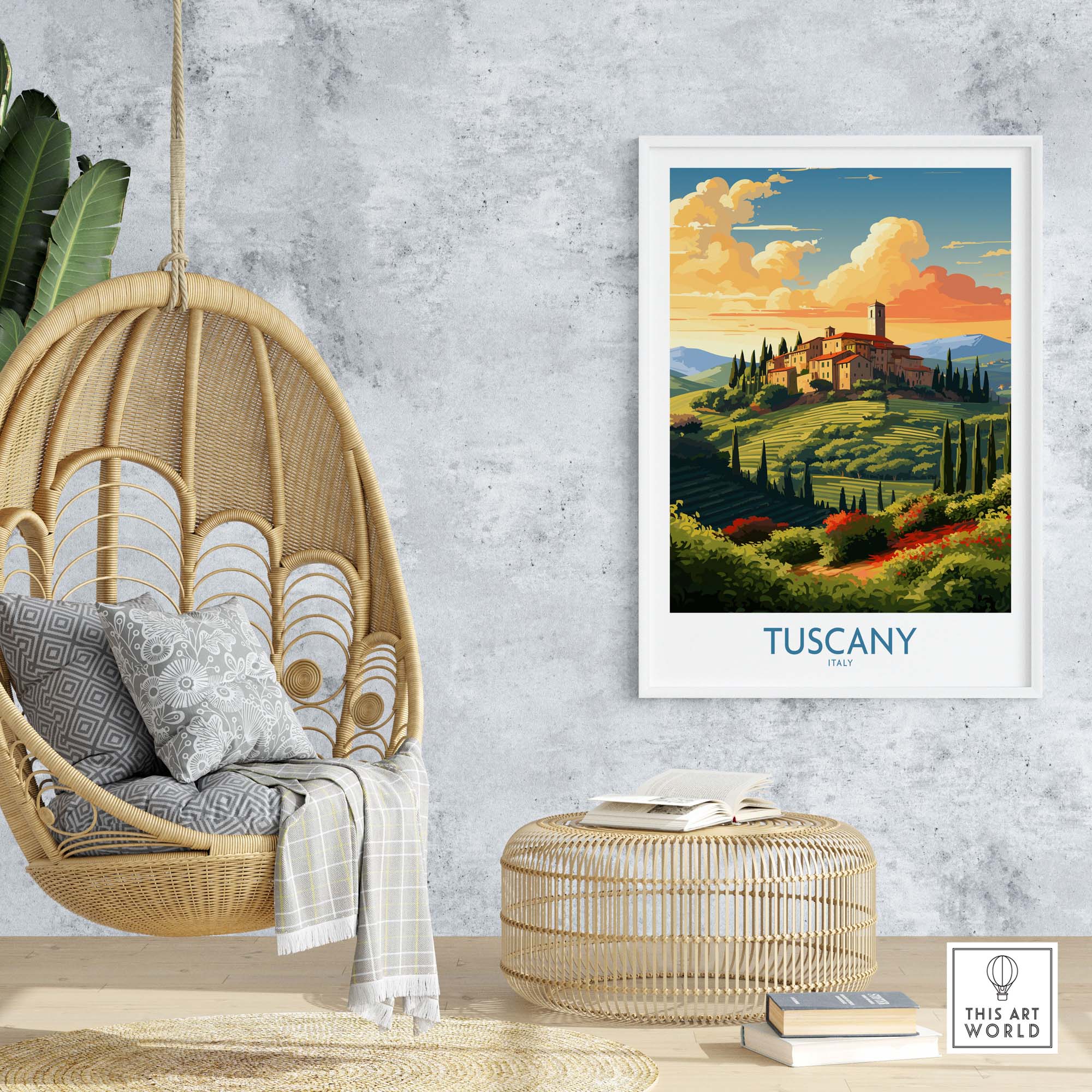Tuscany Italy print displayed in a cozy interior with hanging chair and woven decor, highlighting Italian beauty.