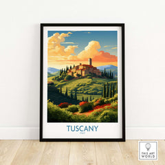 Framed Tuscany Italy print featuring vibrant landscape and historic villa, perfect for home decor.