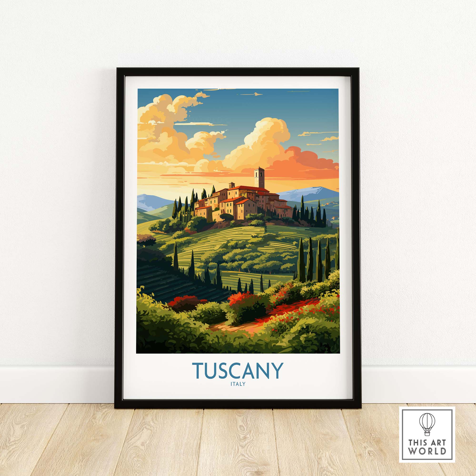 Framed Tuscany Italy print featuring vibrant landscape and historic villa, perfect for home decor.