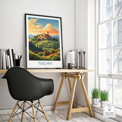 Tuscany Italy print displayed in a stylish home office, featuring vibrant landscapes and a scenic travel poster design.