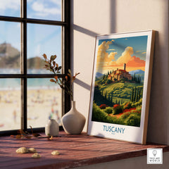 Beautiful Tuscany Italy print displayed by a window, featuring lush landscapes and charming architecture, ideal for decor.