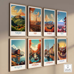Collection of travel posters featuring Tuscany, Paris, Florence, Tokyo, Reykjavik, Amsterdam, Copenhagen, and Barcelona.