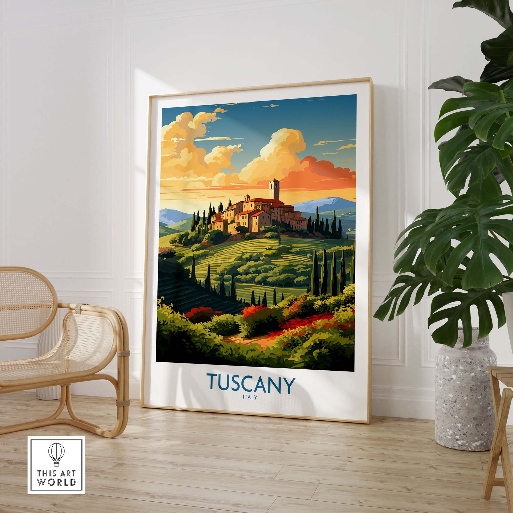 Tuscany Italy print featuring a picturesque landscape with a villa, enhancing any home decor with Italian charm.