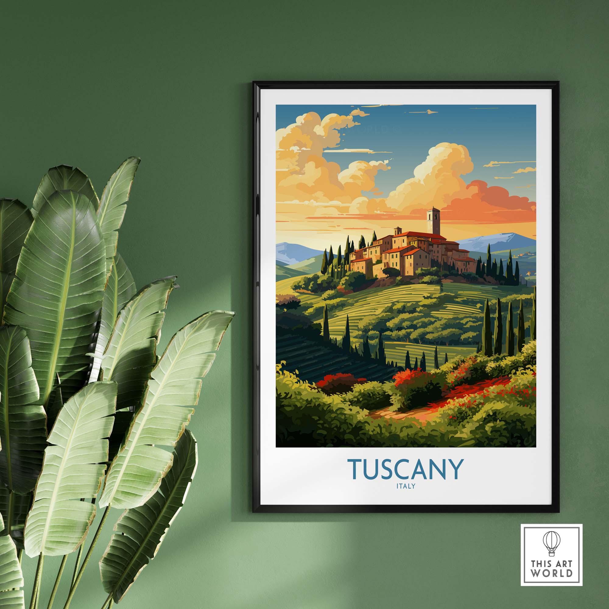 Tuscany Italy print featuring a picturesque landscape with hills and a charming villa, ideal for home decor.