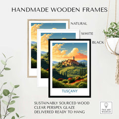 Handmade wooden frames in natural, white, and black showcasing a stunning Tuscany print, ready to hang.