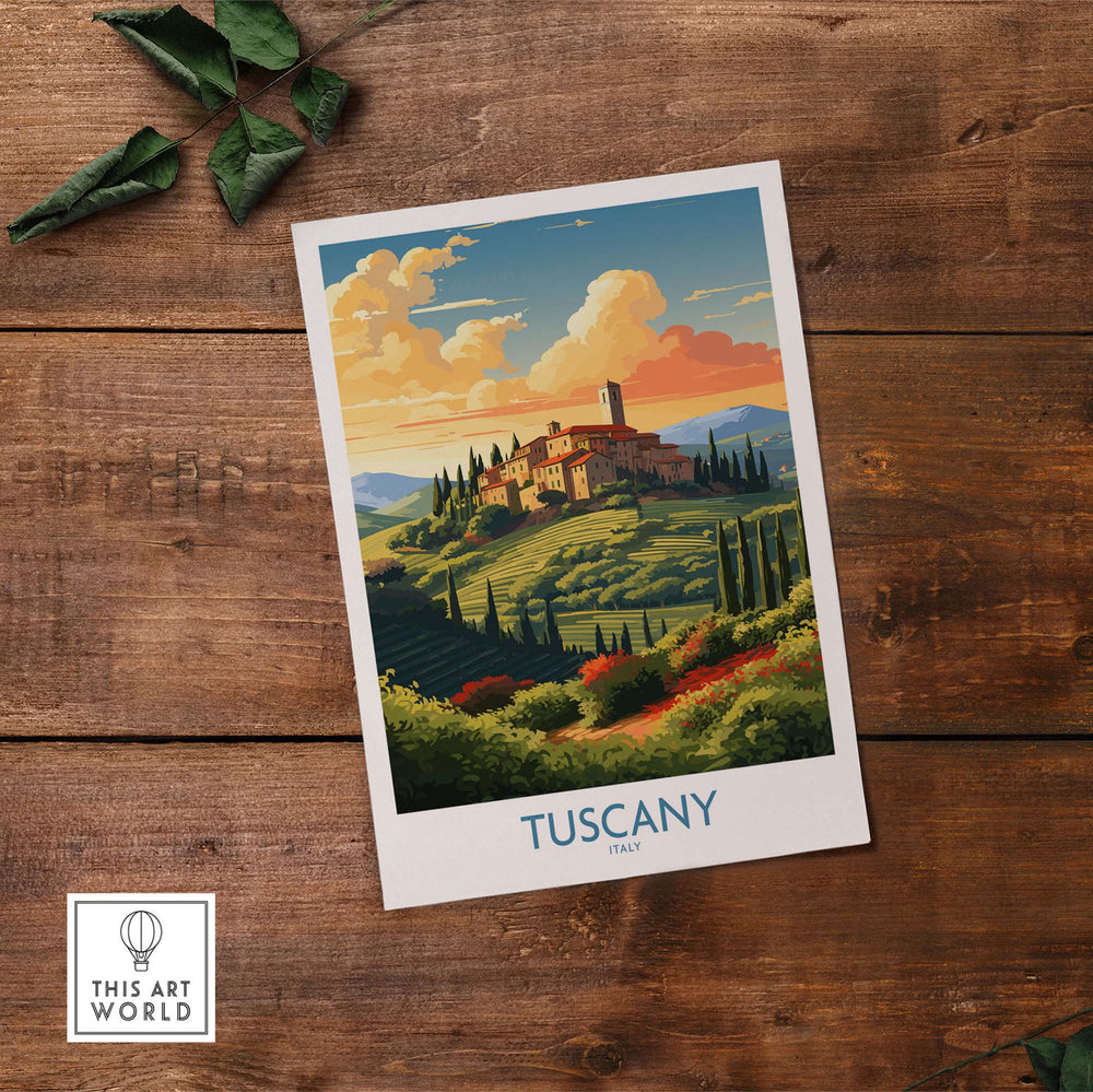 Tuscany Italy print featuring a picturesque hillside landscape with a charming villa and vibrant skies.