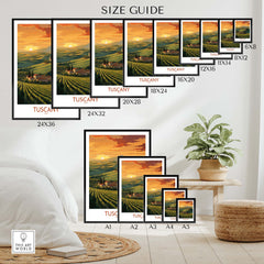 Tuscany Italy wall print size guide showcasing various frame sizes and a decorative living space.