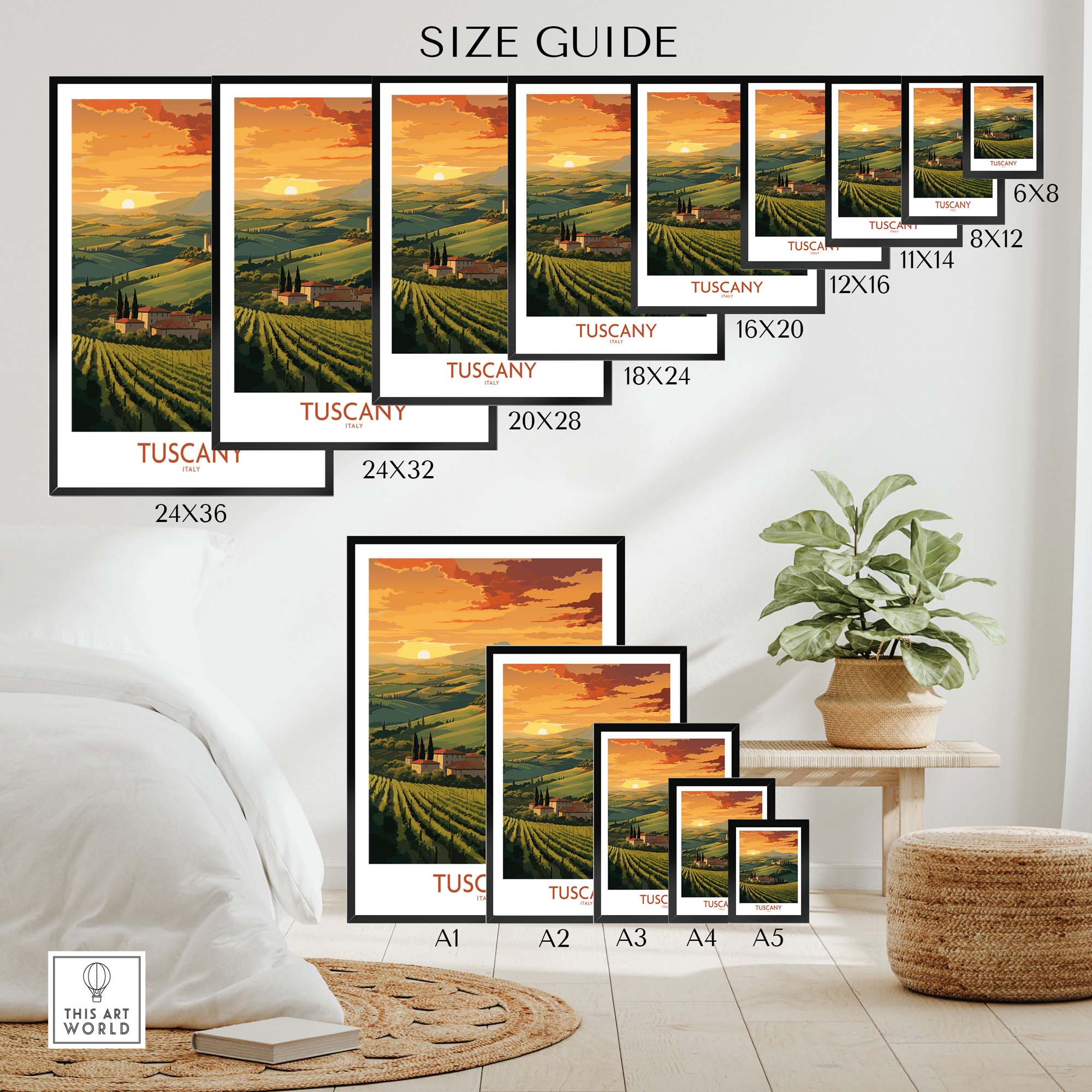 Tuscany Italy wall print size guide showcasing various frame sizes and a decorative living space.