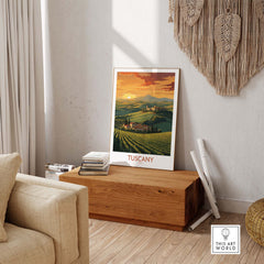 Tuscany Italy wall print showcasing a serene sunset over vineyards, perfect for home decor or as a romantic gift.