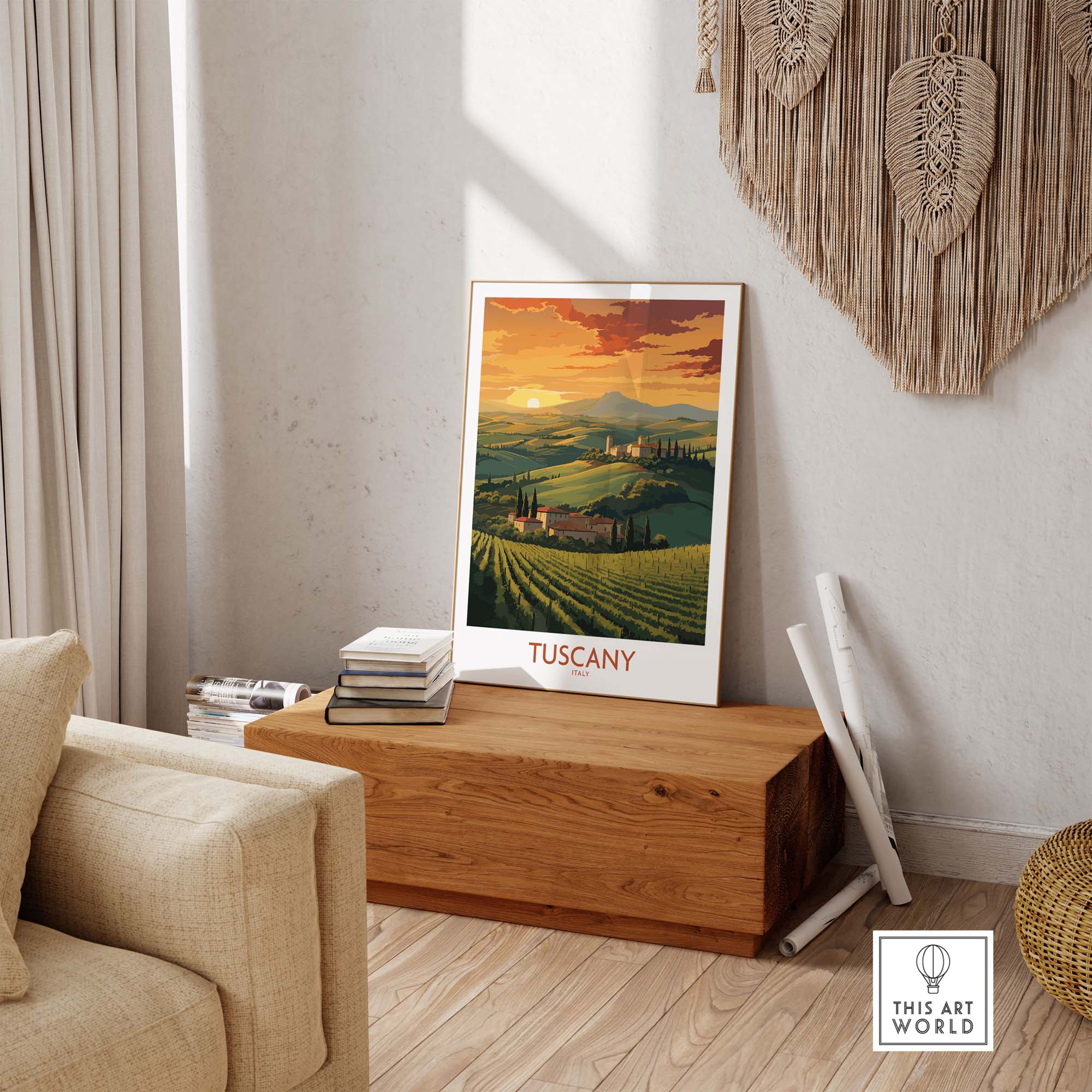Tuscany Italy wall print showcasing a serene sunset over vineyards, perfect for home decor or as a romantic gift.