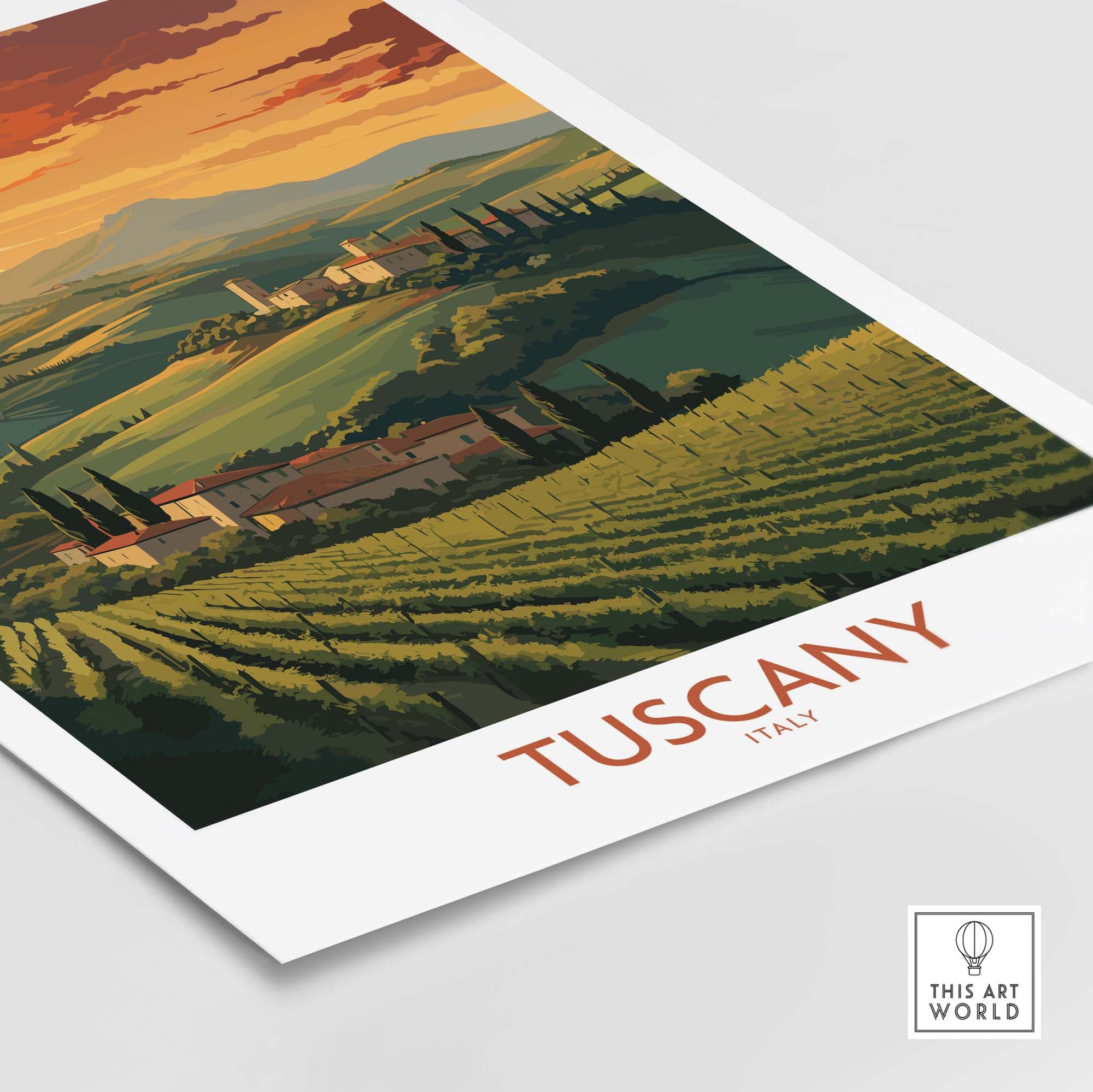 Tuscany Italy wall print featuring a vibrant sunset over rolling hills and vineyards, perfect for home decor.