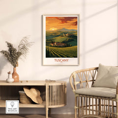 Tuscany Italy wall print showcasing a sunset over vineyards, perfect for home decor and romantic gifts.