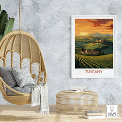 Tuscany wall print featuring a serene sunset over vineyards, perfect for home decor and gifts.