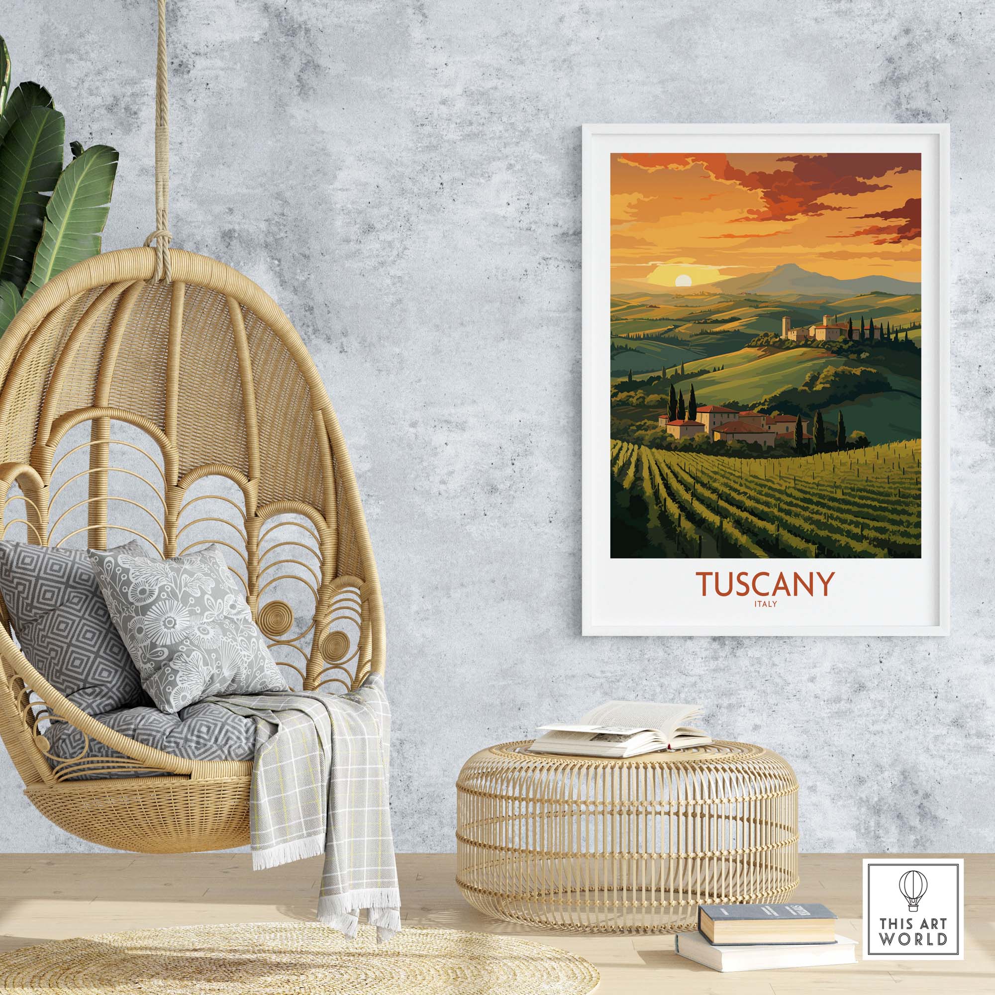 Tuscany wall print featuring a serene sunset over vineyards, perfect for home decor and gifts.