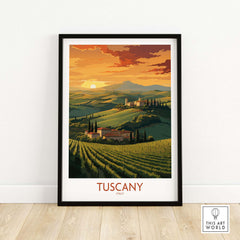 Tuscany Italy wall print showcasing vibrant sunset over vineyards, perfect for home decor or a romantic gift.