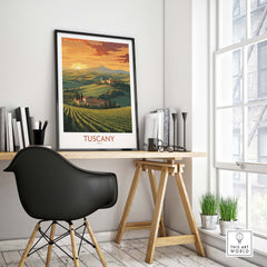 Tuscany Italy wall print featuring a sunset over vineyards, perfect for home decor and gifts.
