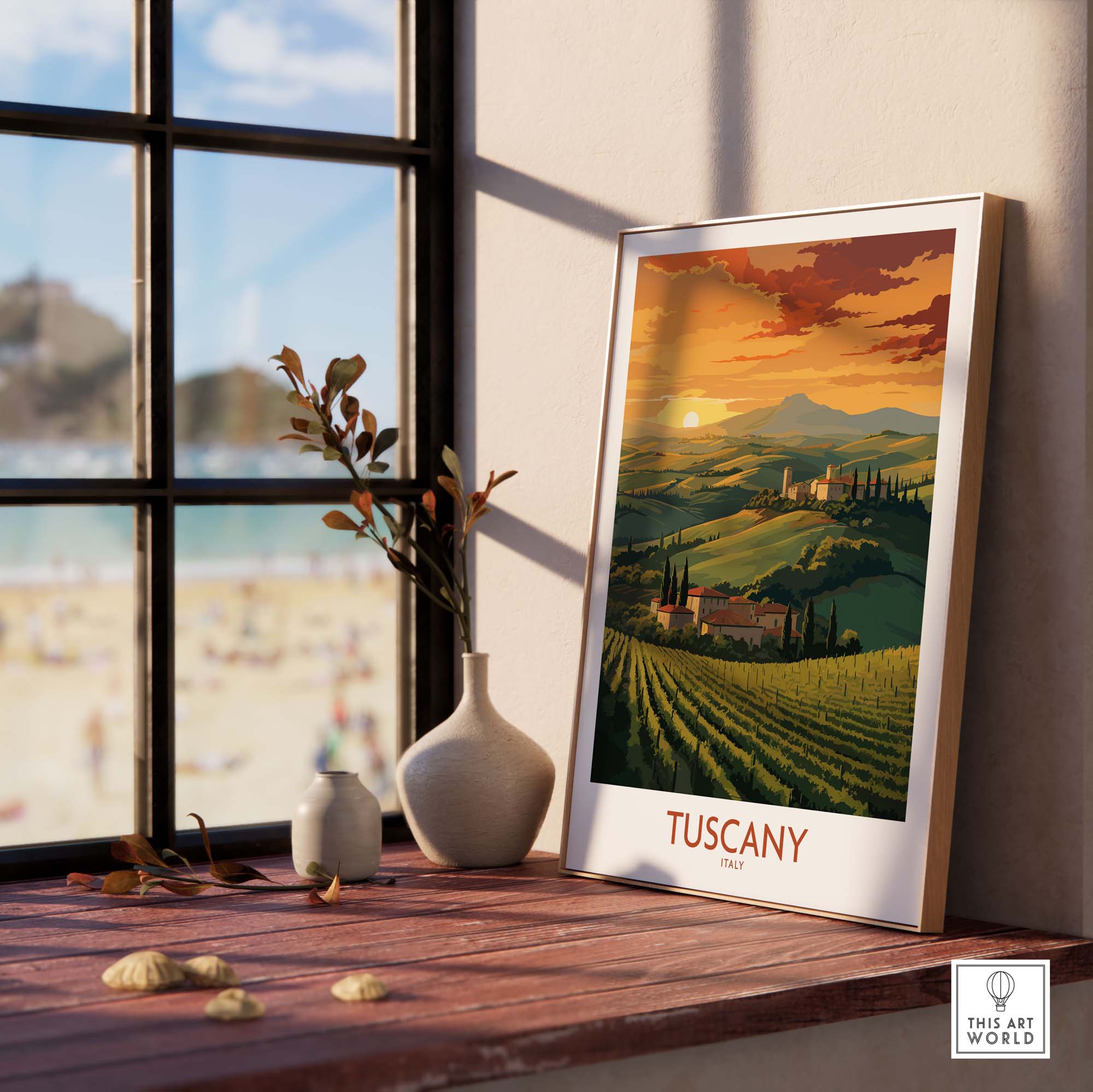 Tuscany Italy Wall Print featuring a sunset over vineyards displayed in a cozy interior setting.