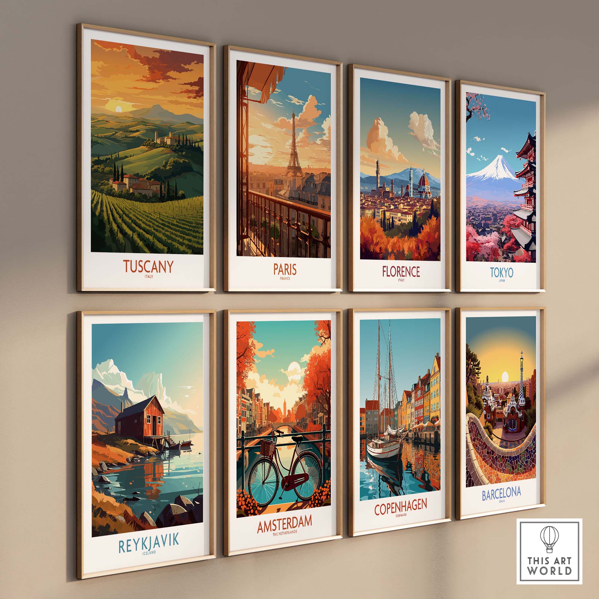 Wall display of travel posters featuring Tuscany, Paris, Florence, Tokyo, Reykjavik, Amsterdam, Copenhagen, and Barcelona.