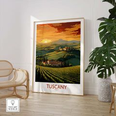 Tuscany Italy wall print showcasing a beautiful sunset over vineyards, perfect for home decor and romantic gifts.