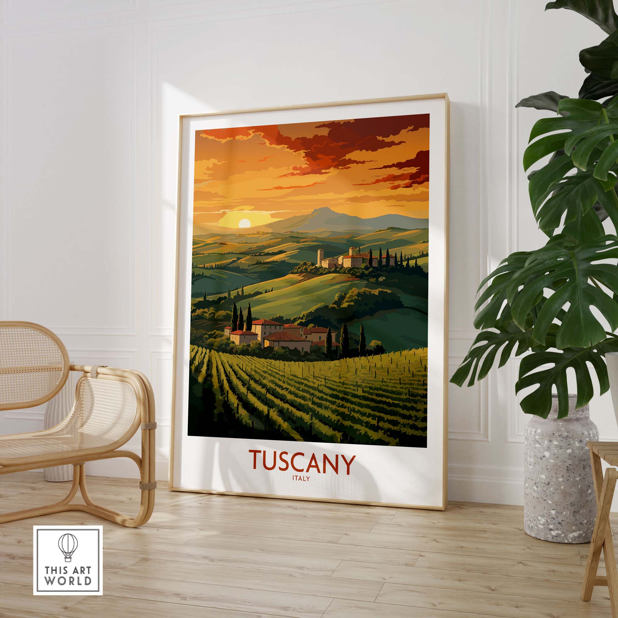 Tuscany Italy wall print showcasing a beautiful sunset over vineyards, perfect for home decor and romantic gifts.