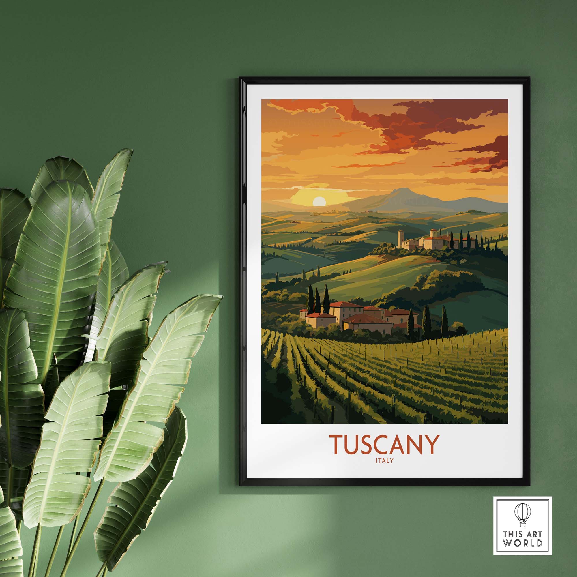 Tuscany Italy wall print featuring a sunset over rolling vineyards and hills, ideal for home decor and gifts.