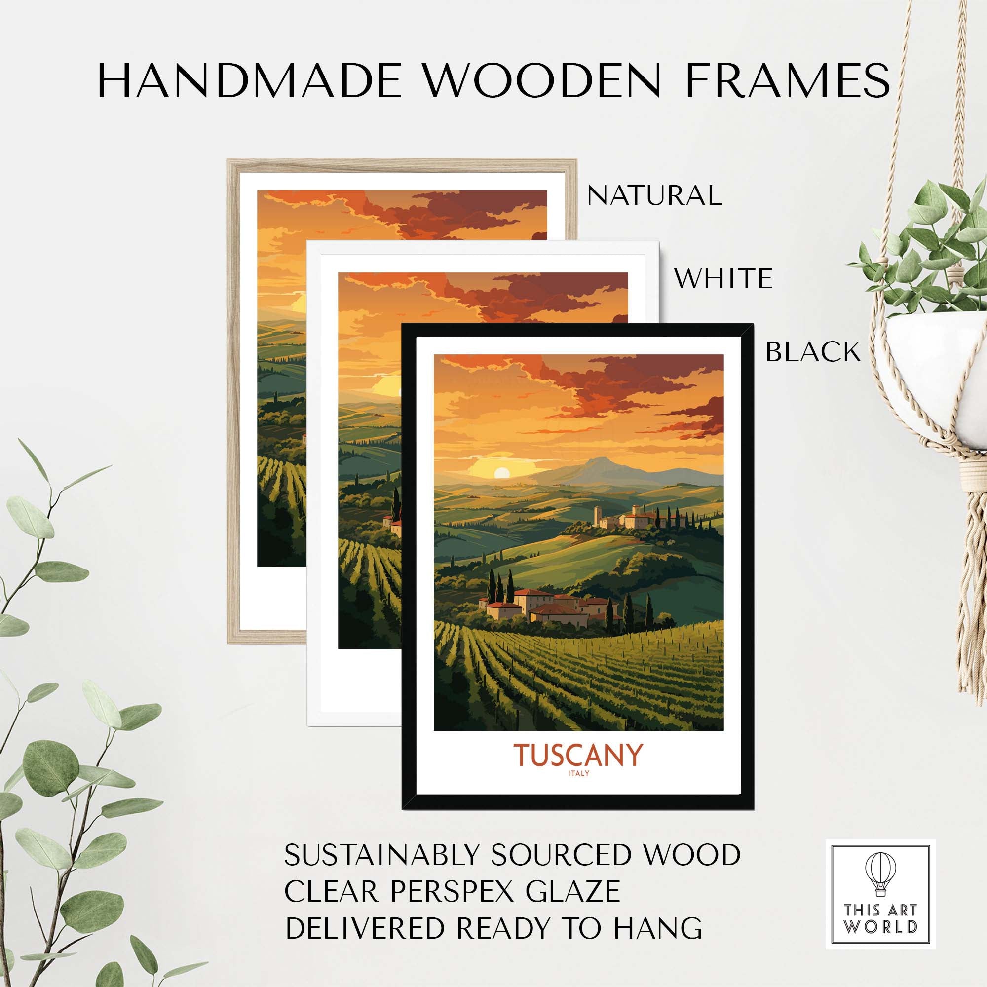 Handmade wooden frames in natural, white, and black for Tuscany sunset wall print, made from sustainably sourced wood.