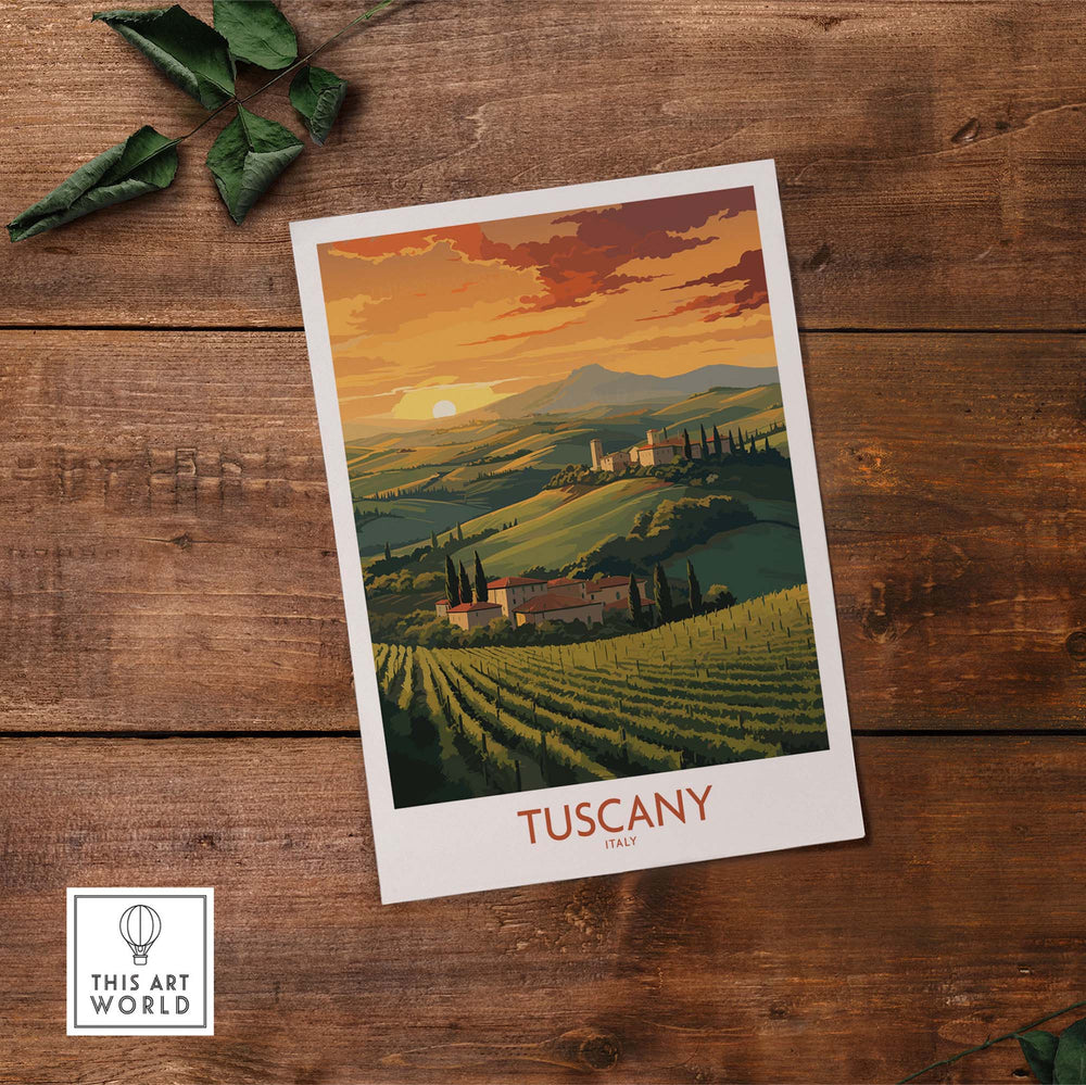 Tuscany Italy wall print showcasing a sunset over rolling hills and vineyards, perfect for home decor.