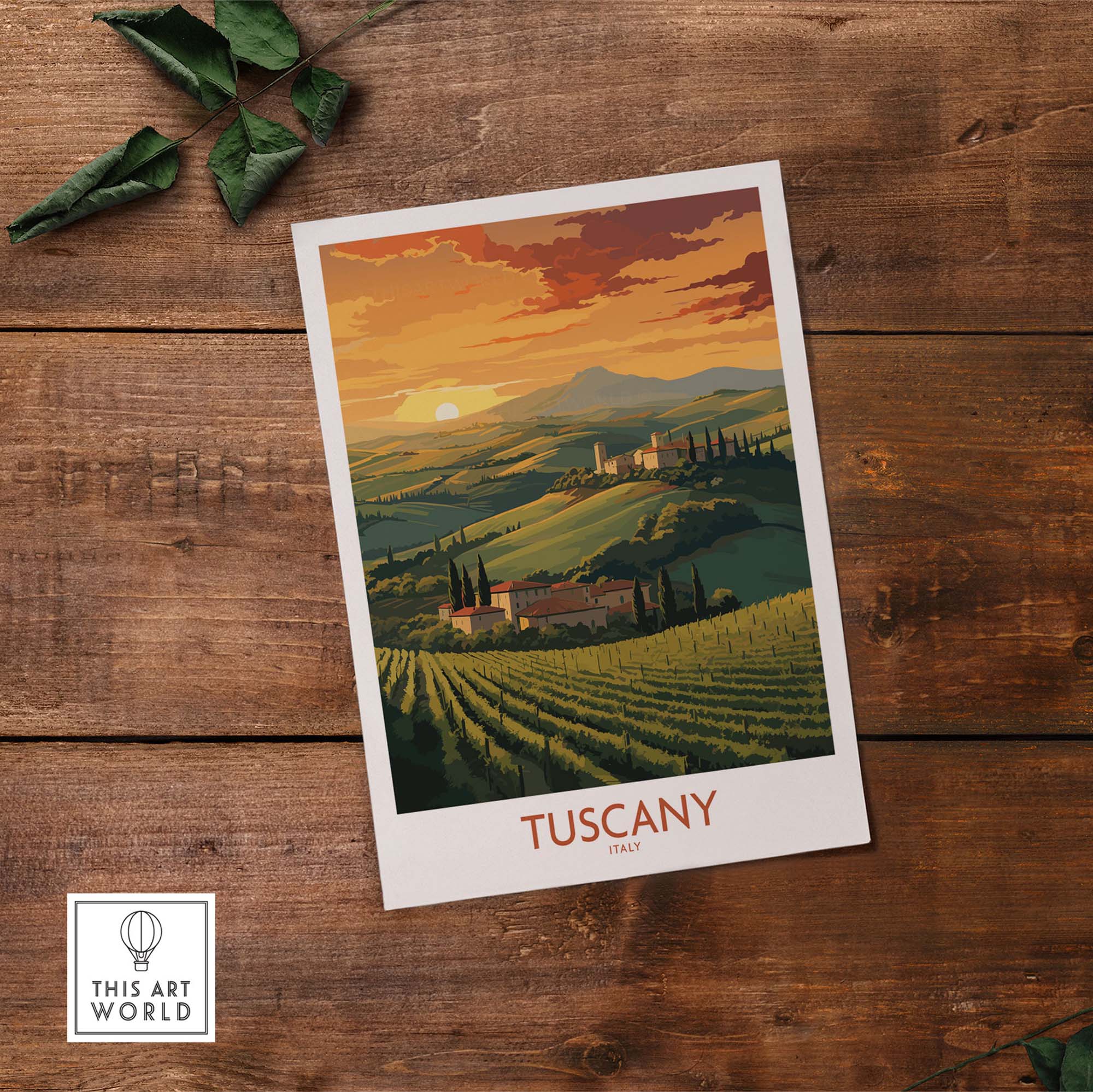 Tuscany Italy wall print showcasing a sunset over rolling hills and vineyards, perfect for home decor.