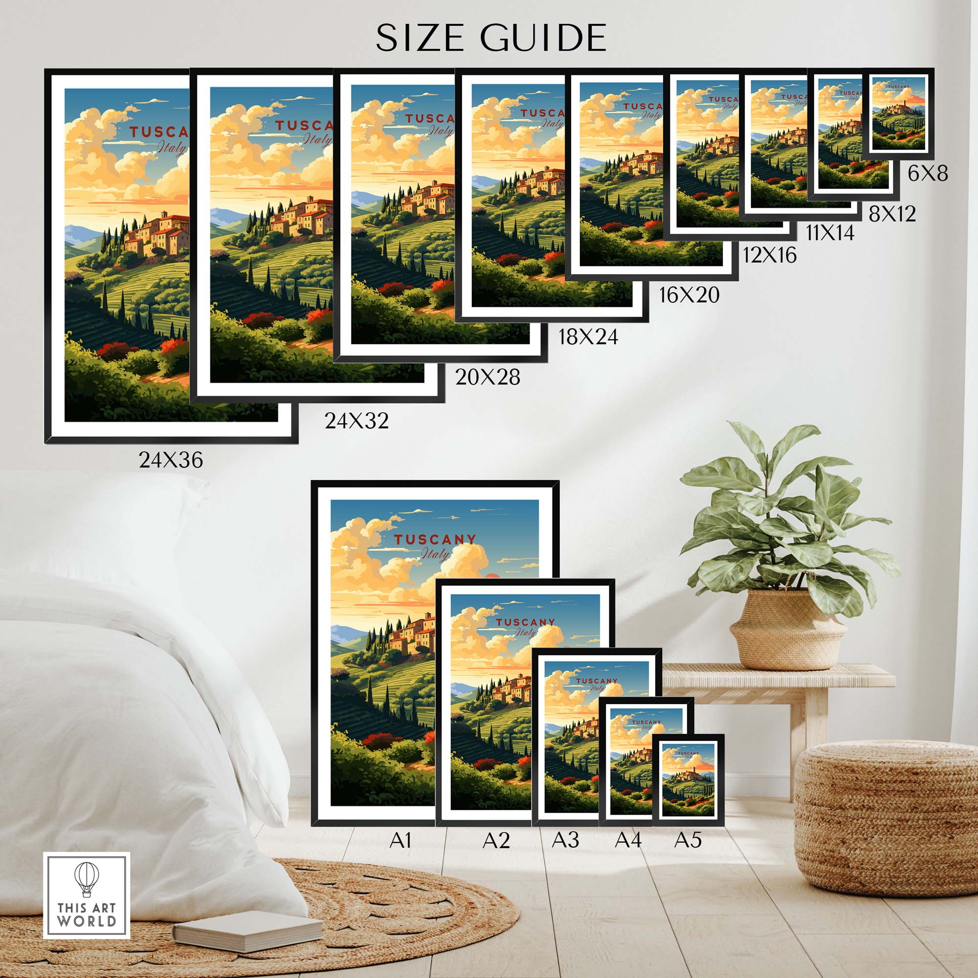 Size guide for Tuscany Print showing various frame sizes and a scenic landscape of Tuscany in a home setting.