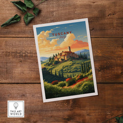 Vintage Tuscany print featuring rolling hills and a picturesque villa, perfect for home decor and gallery walls.