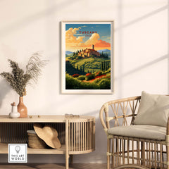 Tuscany Print framed on a wall, featuring vibrant landscapes and rich colors, perfect for home decor and gallery walls.