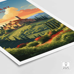 Tuscany Print featuring a scenic landscape of rolling hills and a charming village in Italy, perfect for home decor.
