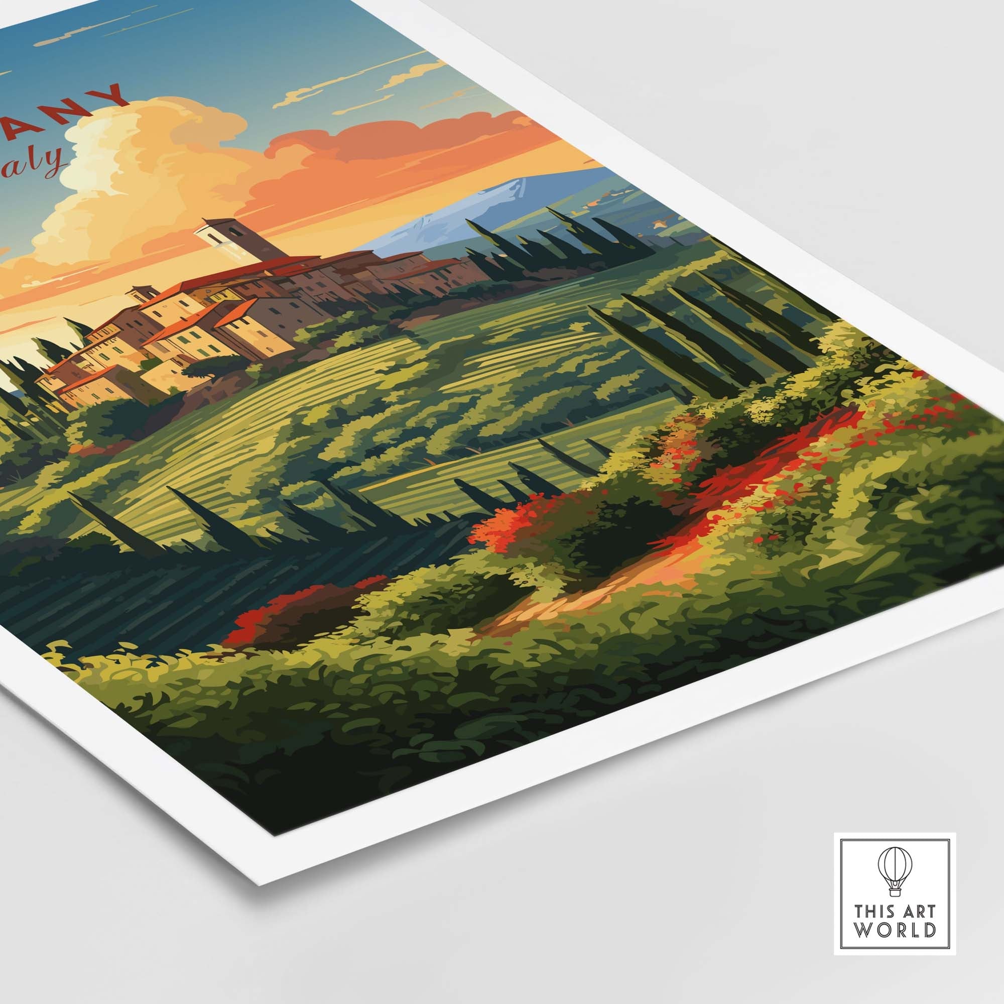 Tuscany Print featuring a scenic landscape of rolling hills and a charming village in Italy, perfect for home decor.