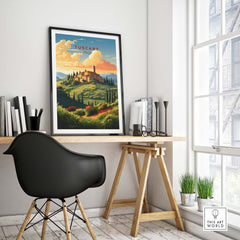 Tuscany Print framed on a wall in a stylish workspace, capturing the essence of Italian landscapes and travel memories.