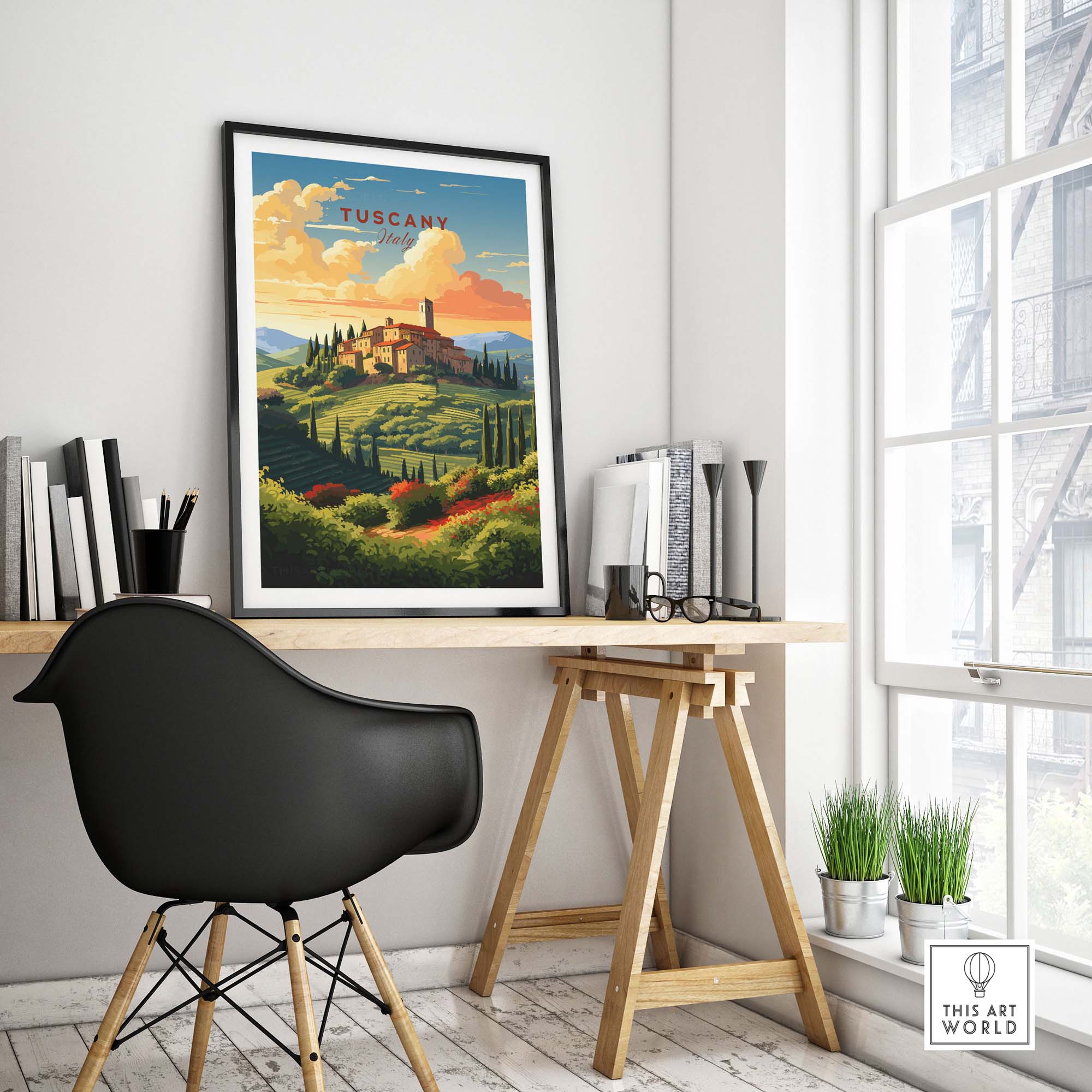 Tuscany Print framed on a wall in a stylish workspace, capturing the essence of Italian landscapes and travel memories.