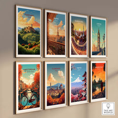 Gallery wall featuring travel posters of Tuscany, Paris, Barcelona, London, Amsterdam, Florence, Tokyo, and Angkor Wat.