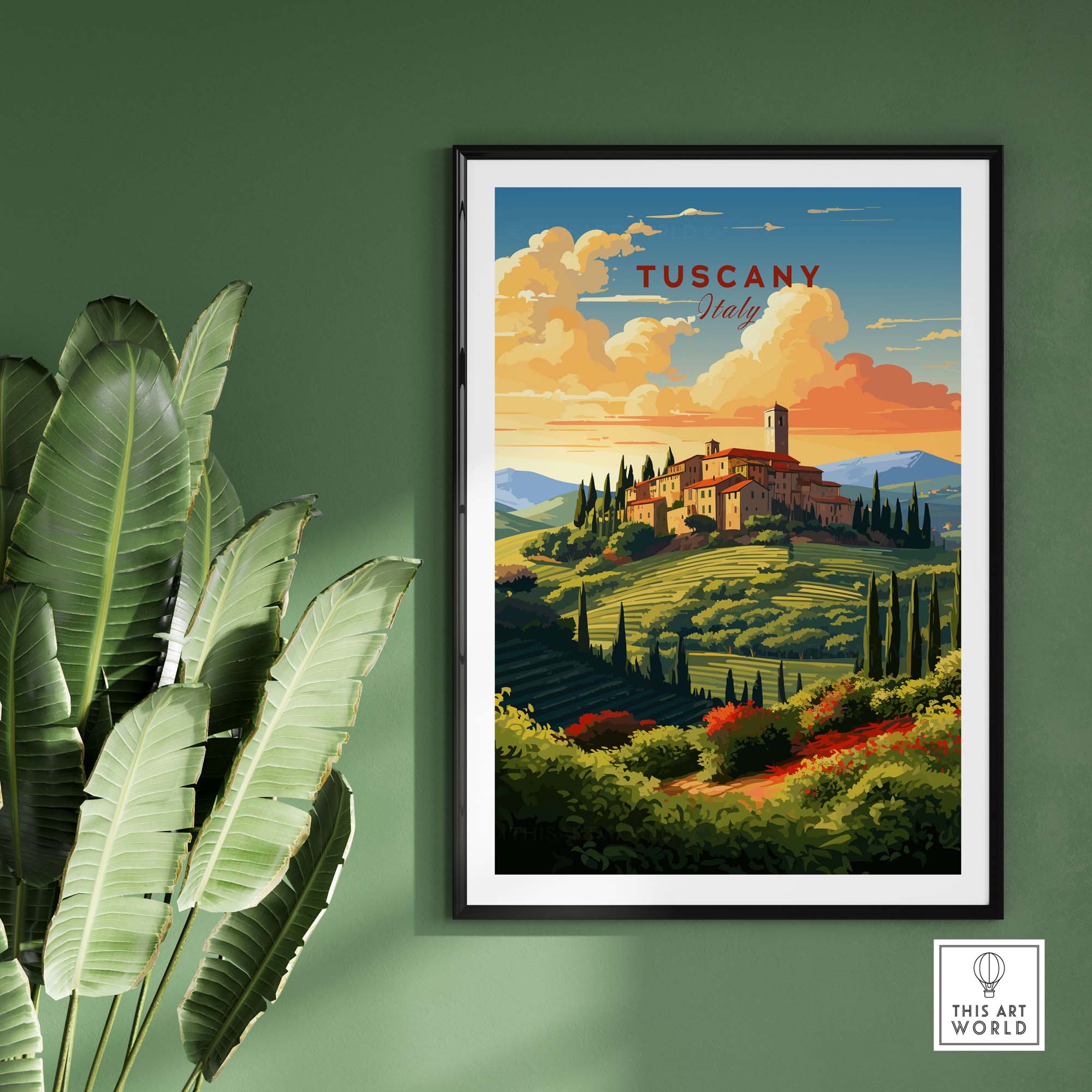 Tuscany Print depicting a scenic Italian landscape with rolling hills, a villa, and vibrant clouds, ideal for home decor.