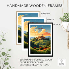 Handmade wooden frames in natural, white, and black for Tuscany Print, featuring sustainably sourced wood and clear perspex glaze.