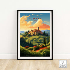 Tuscany Print featuring a scenic Italian landscape with rolling hills, cypress trees, and a picturesque villa.