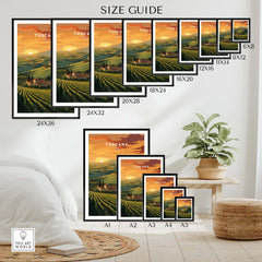 Size guide for Tuscany Wall Art showcasing various frame sizes and an elegant living space backdrop.